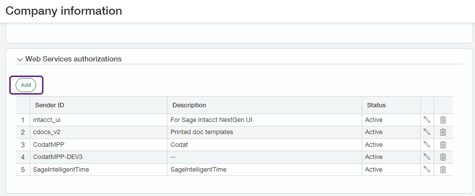 Screenshot of Sage Intacct interface displaying the Company information view and the Web Services authorizations section. The Add button is highlighted.