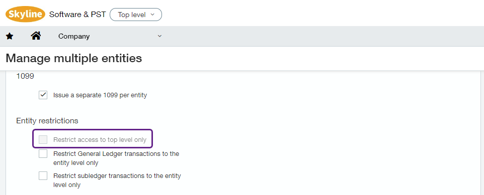 Screenshot of Manage multiple entities screen with the deselected Restrict access to top level only checkbox outlined.