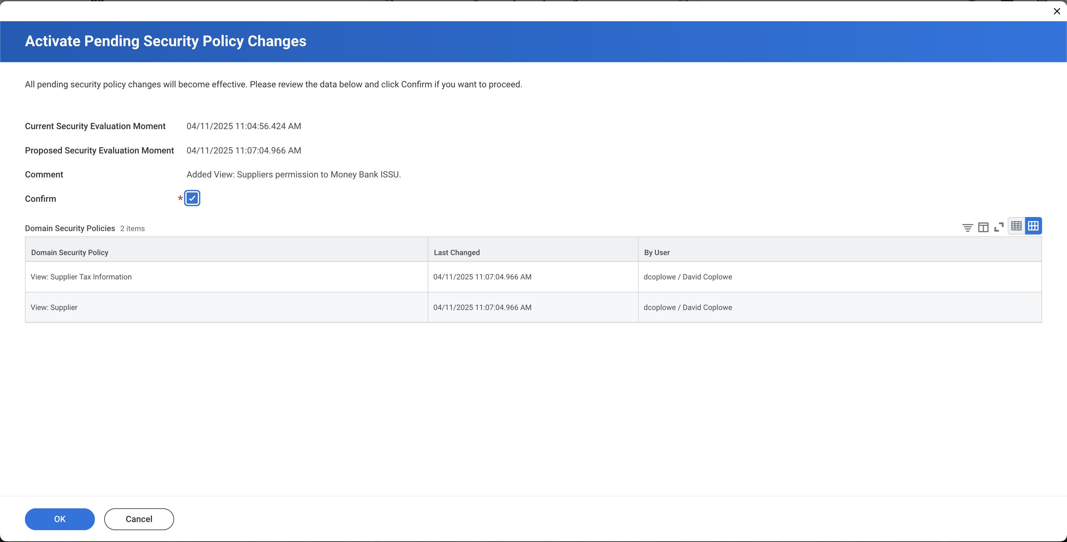 Screenshot of Workday’s interface displaying the Activate Pending Security Policies dialog with the Confirm tickbox enabled.