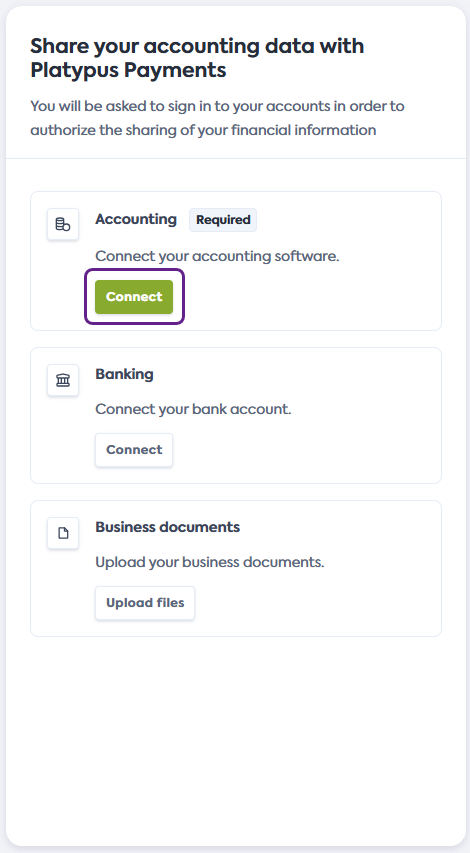 Screenshot of the Share your financial information screen of Codat's Link Flow. It lists the Accounting, Commerce, Banking, and Business Documents with the Connect button of the Accounting section highlighted.