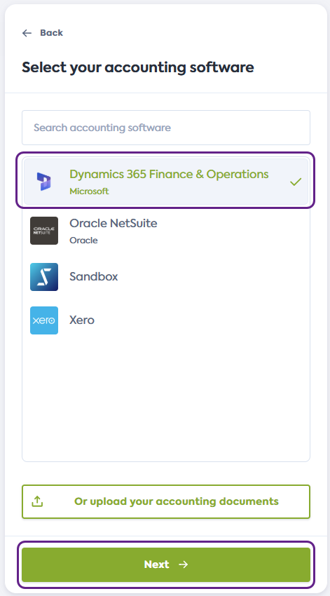 Screenshot of the Select your accounting software screen of Codat's Link Flow. It displays a list of integrations. Dynamics 365 Finance & Operations tile is highlighted. Next button is also highlighted.