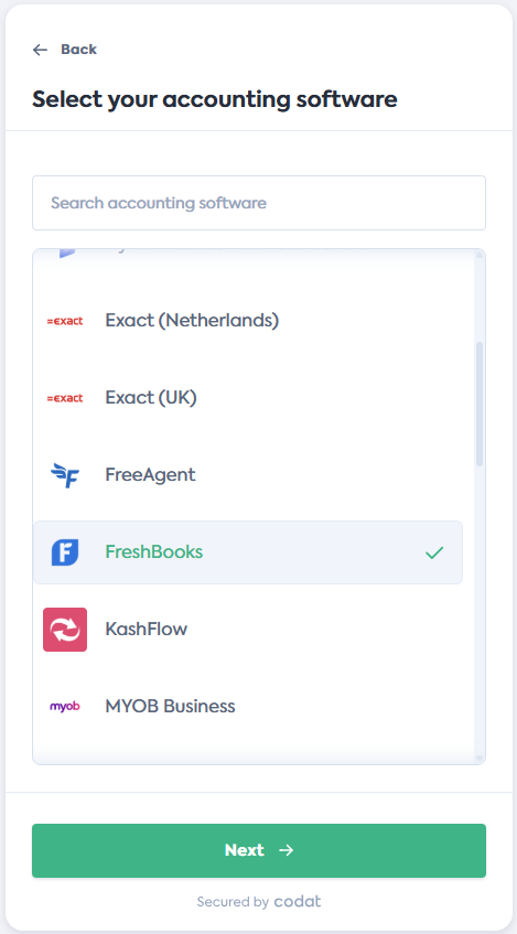 Screenshot of the Select your accounting software screen of Codat's Link Flow. It displays a list of integrations. FreshBooks tile is selected.