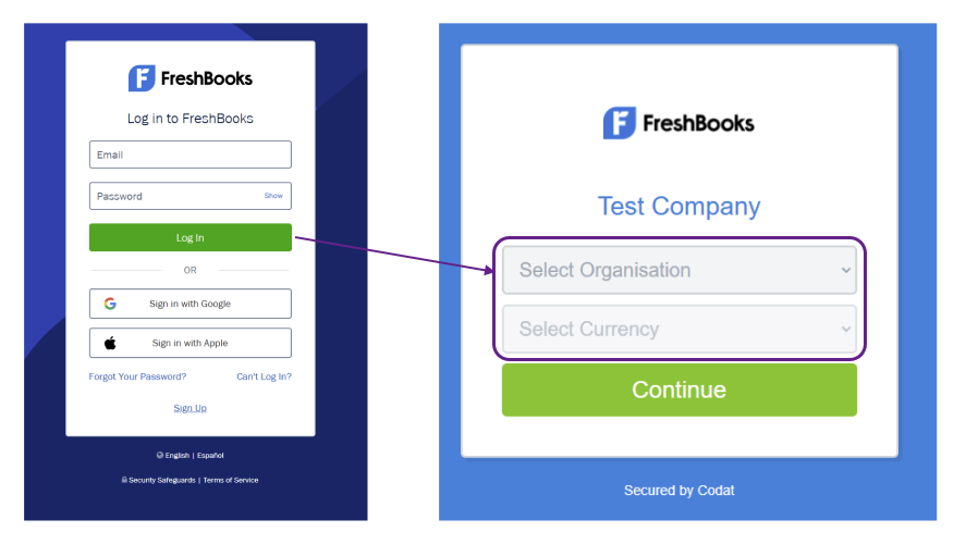 Screenshot of two screens of the FreshBooks interface requesting a login and password and a company and currency selection dropdown. Arrow connects the screenshots.