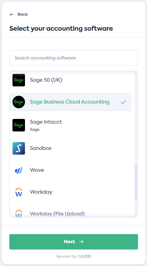 Screenshot of the Select your accounting software screen of Codat's Link Flow. It displays a list of integrations. Sage Business Cloud tile is selected.