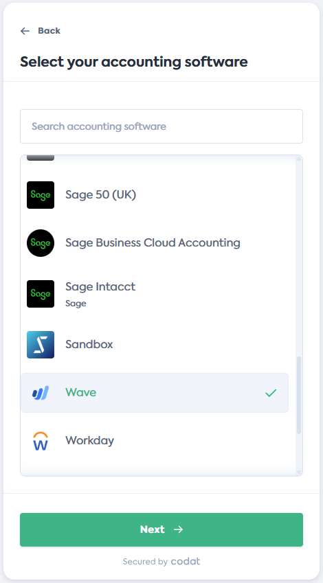 Screenshot of the Select your accounting software screen of Codat's Link Flow. It displays a list of integrations. Wave tile is selected.
